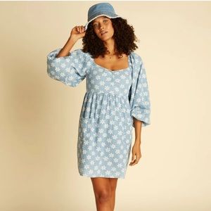 Billabong X Wrangler Just a Dream Denim Babydoll Floral Boho Western Retro Dress